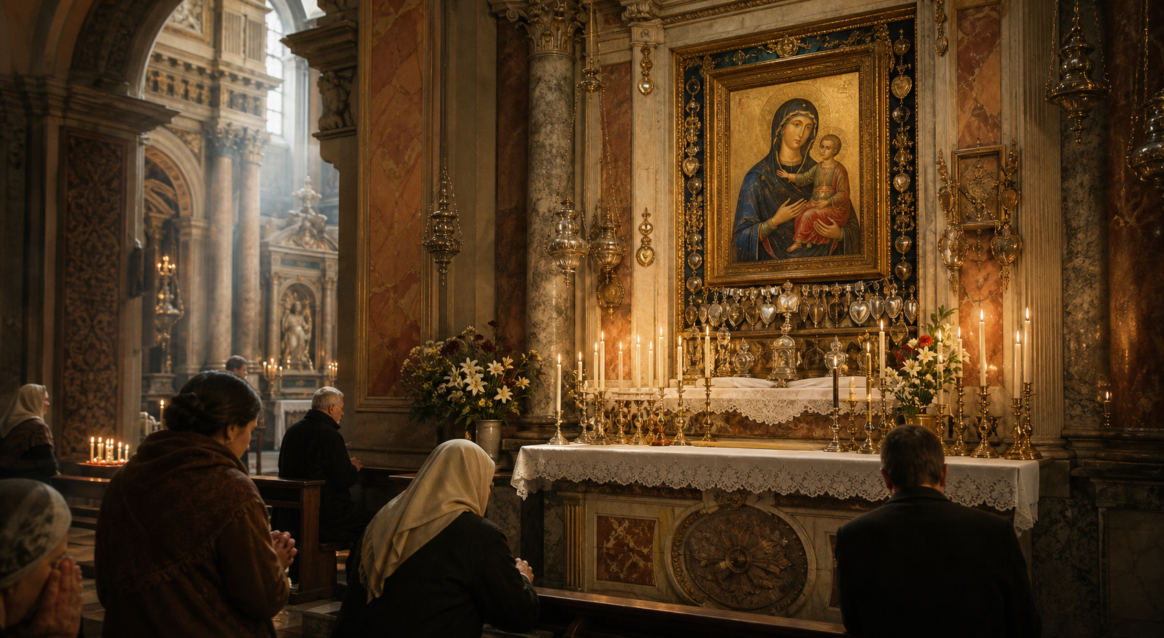 Altare mariano nel Santuario della Consolata con fedeli in preghiera e candele accese