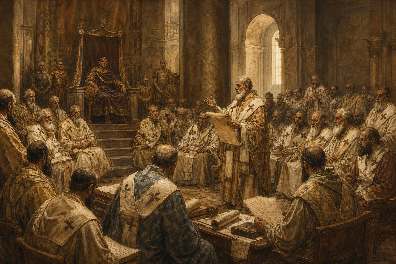 Vescovi riuniti in un'aula conciliare dell'antichità con troni imperiali e codici aperti