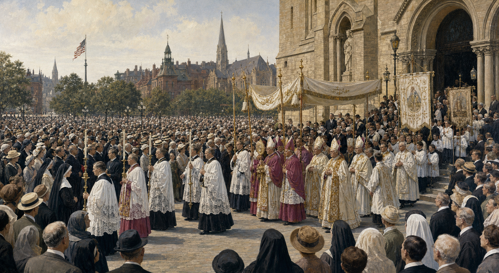 Processione eucaristica con vescovi, sacerdoti e fedeli davanti a una chiesa di Chicago nel 1926
