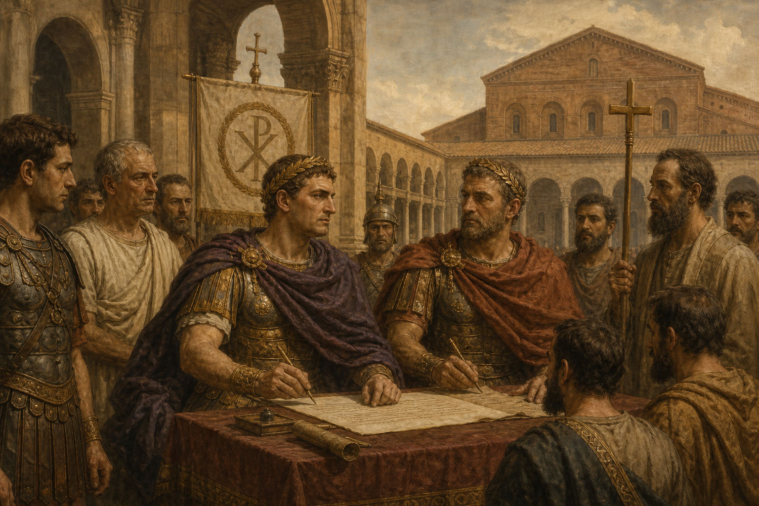 Incontro tra imperatori romani e rappresentanti cristiani nel contesto dell'antica Milano