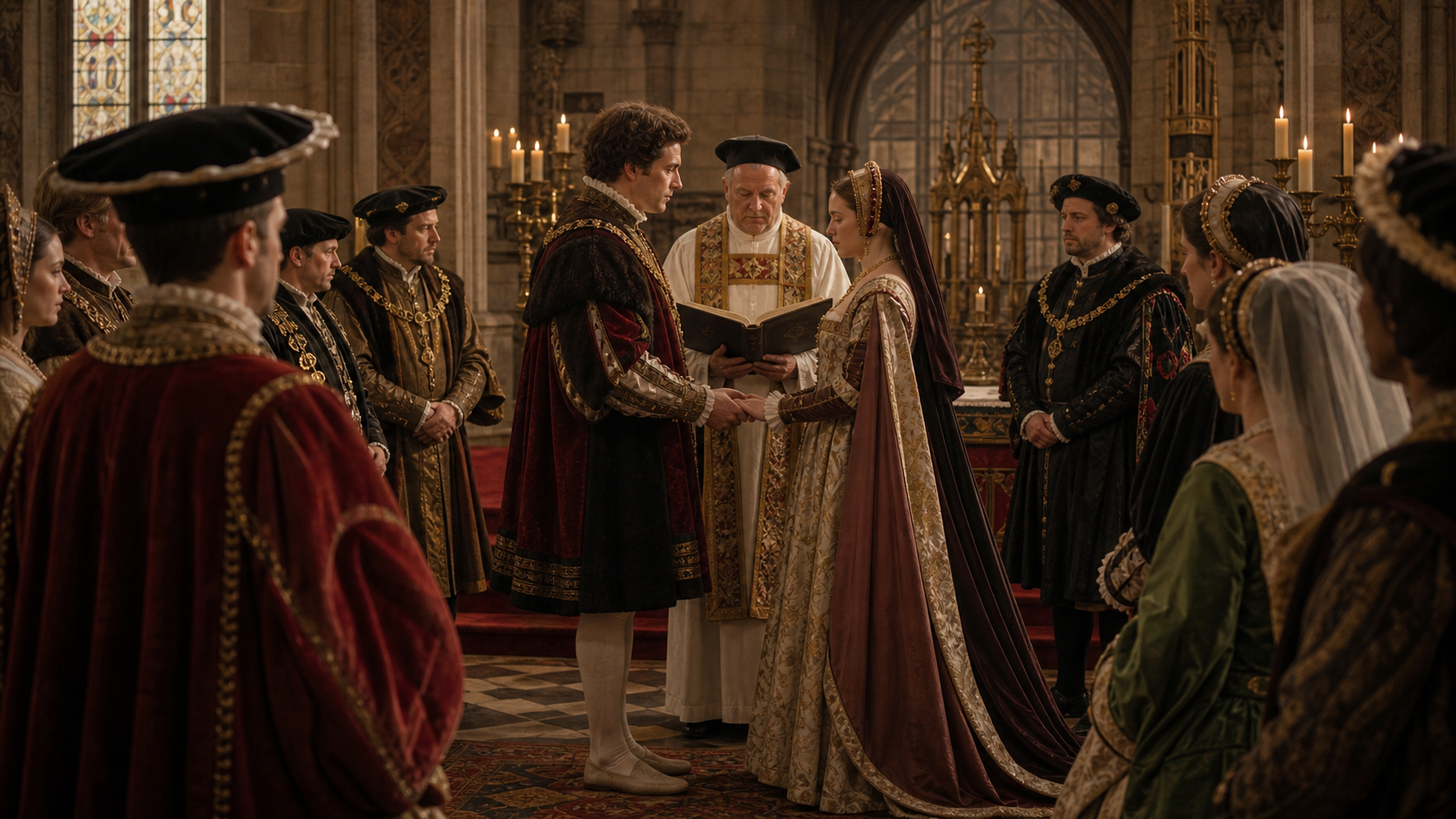Celebrazione nuziale in una cappella Tudor tra Enrico VIII e Caterina d'Aragona