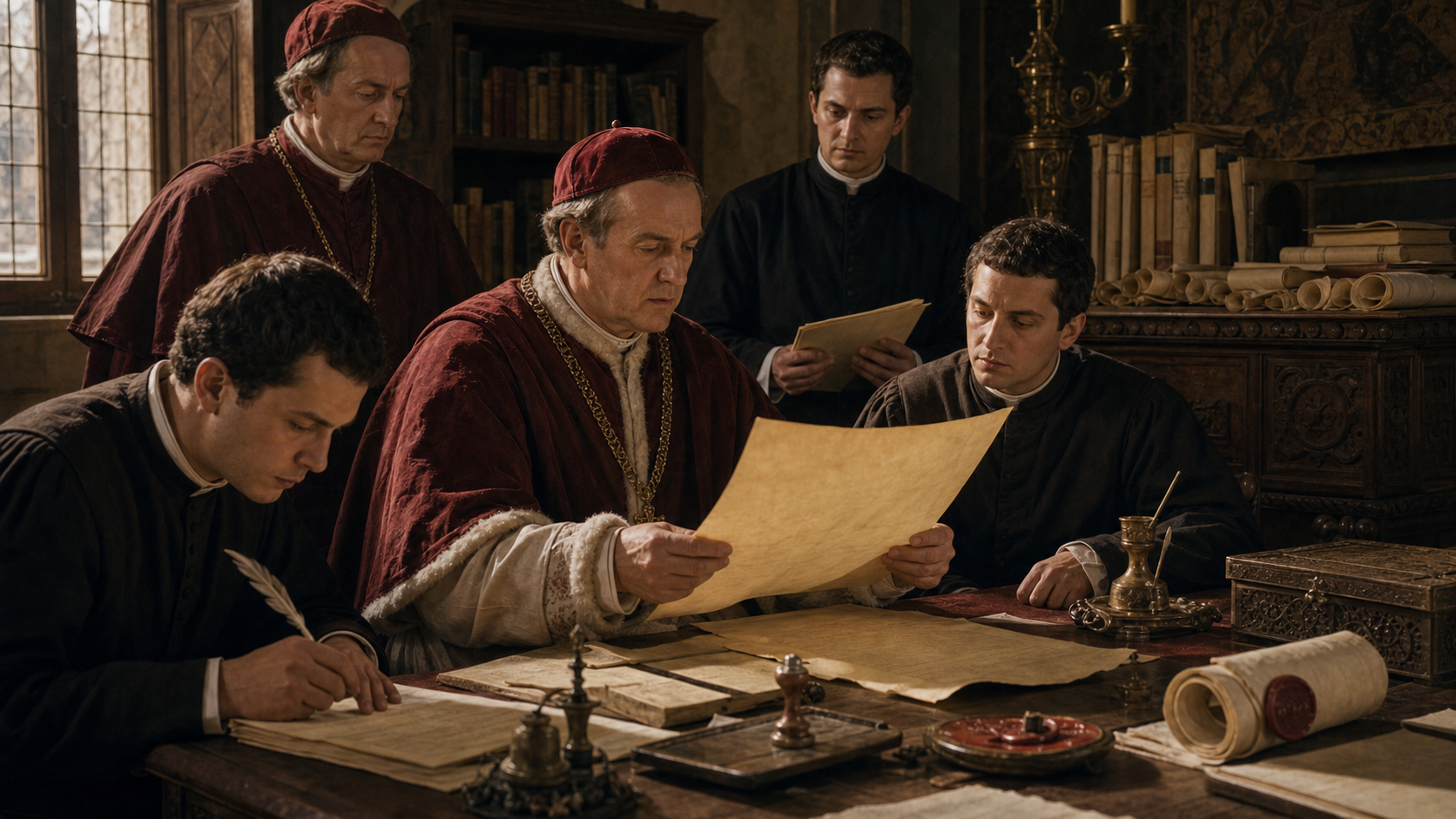 Scribi e funzionari ecclesiastici preparano una bolla papale in una cancelleria rinascimentale