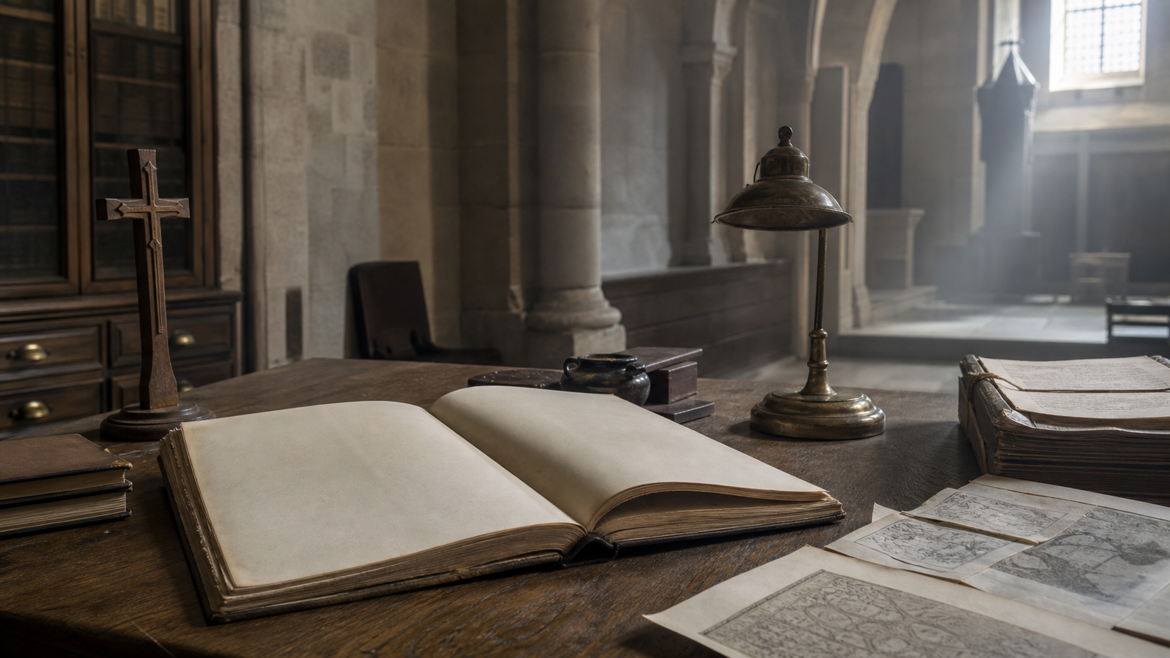 Tavolo d'archivio in una chiesa storica con manoscritto aperto e croce in legno