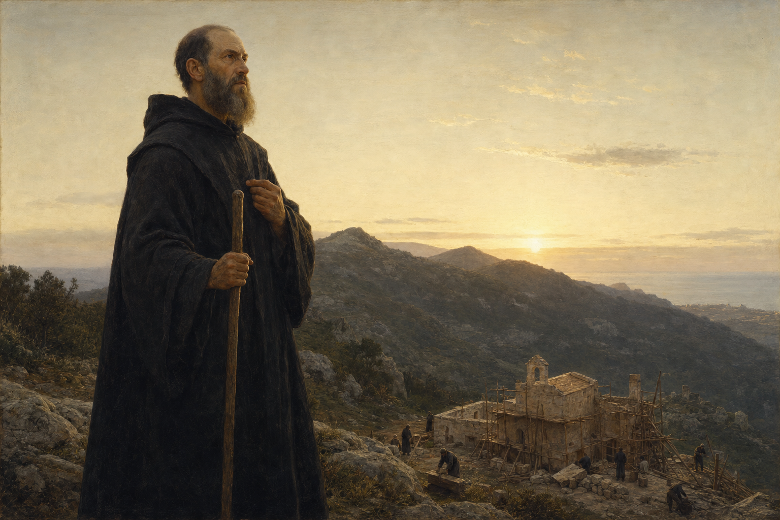 Abate benedettino medievale su un crinale con monastero tra le montagne dell'Italia meridionale