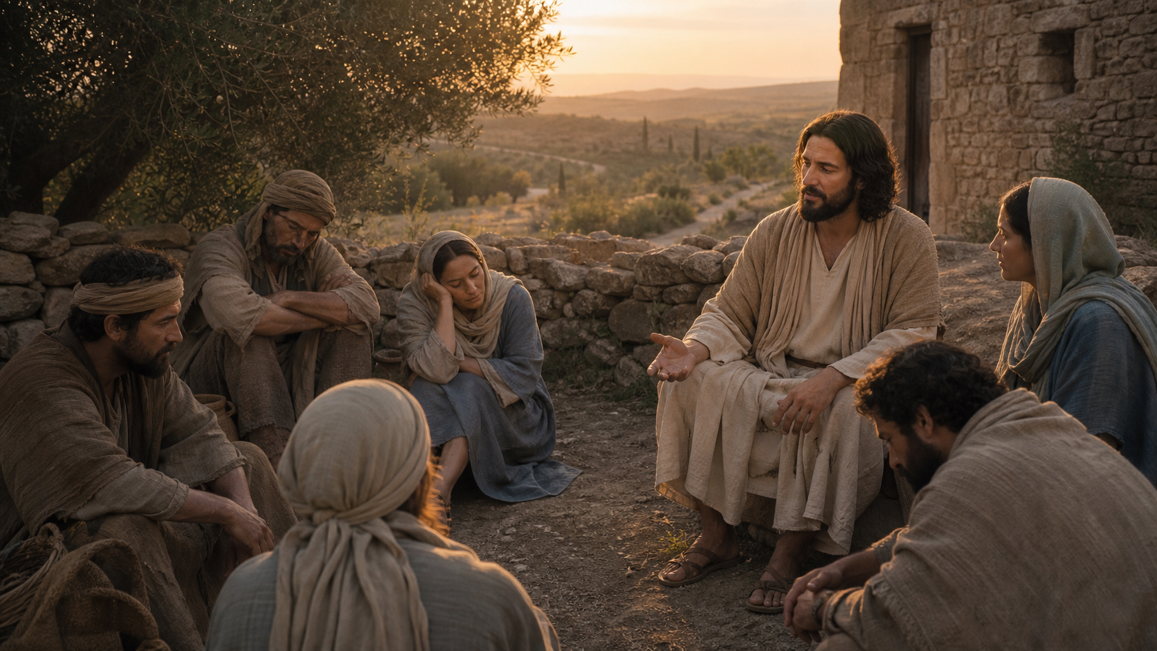 Viaggiatori e lavoratori stanchi ascoltano un maestro al tramonto in Galilea