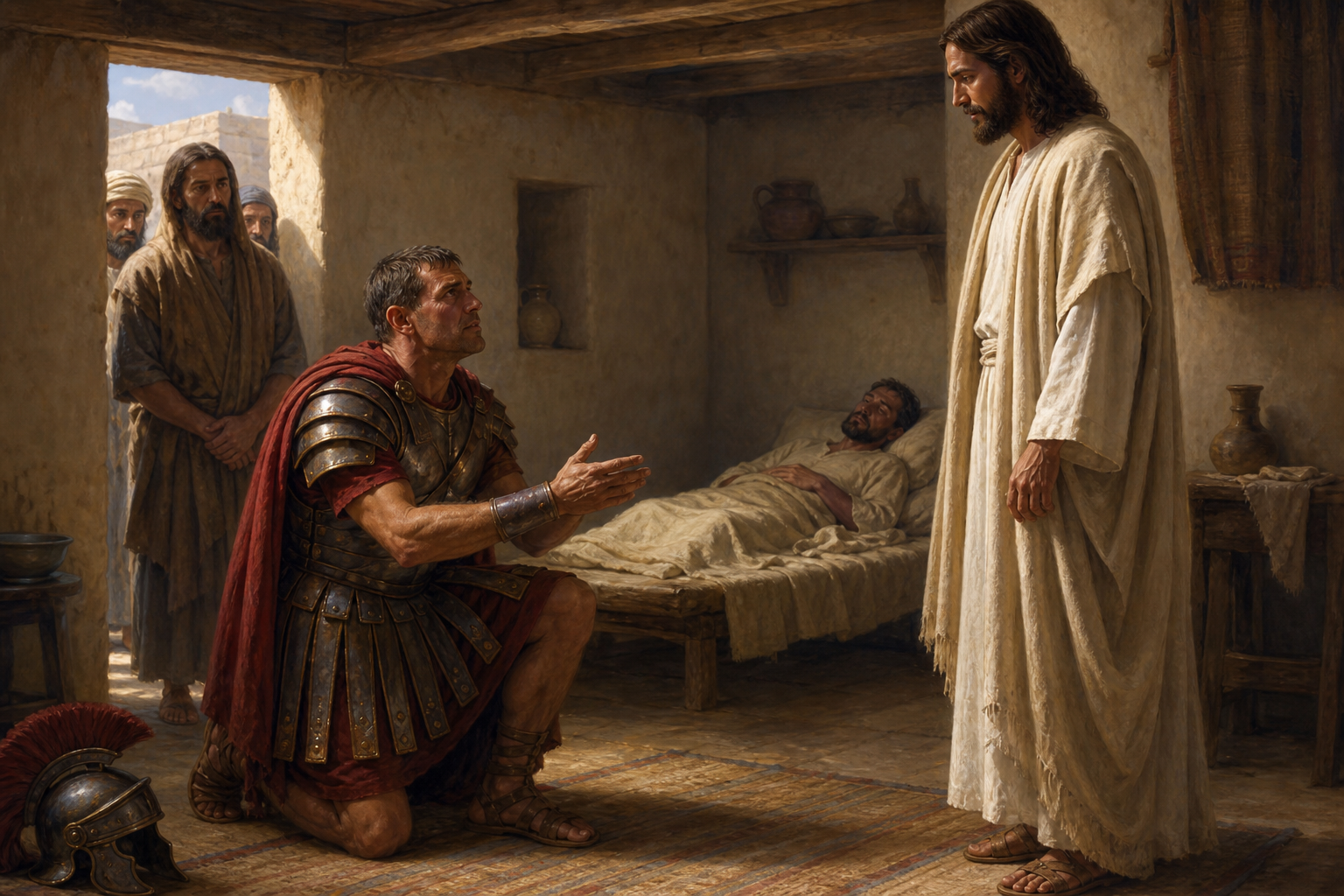 Centurione romano che supplica Gesù davanti a una casa di Cafàrnao