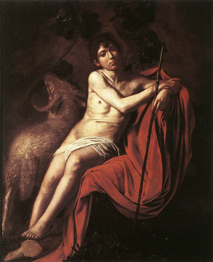 Dipinto di Caravaggio con un giovane San Giovanni Battista seduto nel buio accanto a un agnello