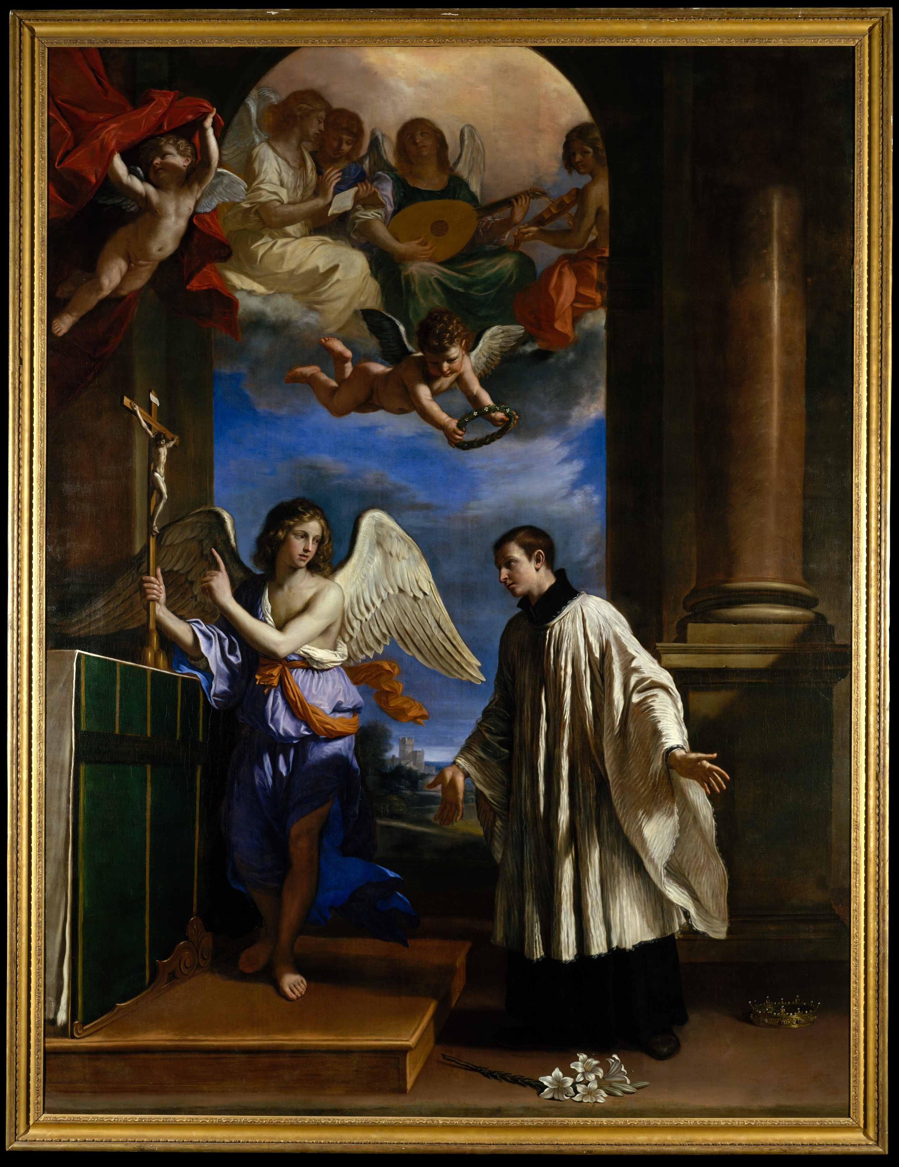 Dipinto barocco di Guercino con san Luigi Gonzaga che riceve una corona dall'angelo mentre la corona terrena giace a terra accanto ai gigli