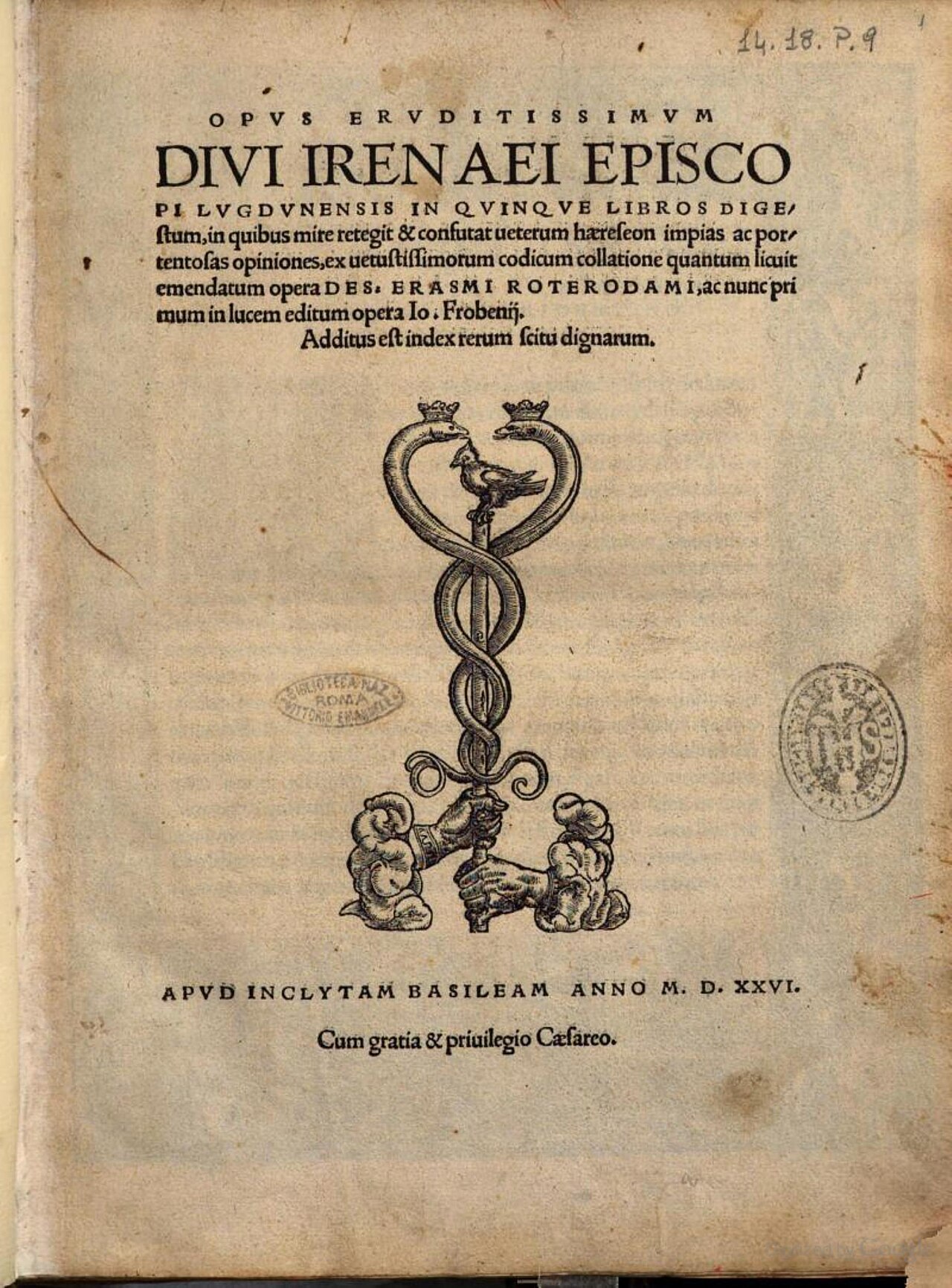 Frontespizio rinascimentale del Contro le eresie di sant'Ireneo, edizione del 1526