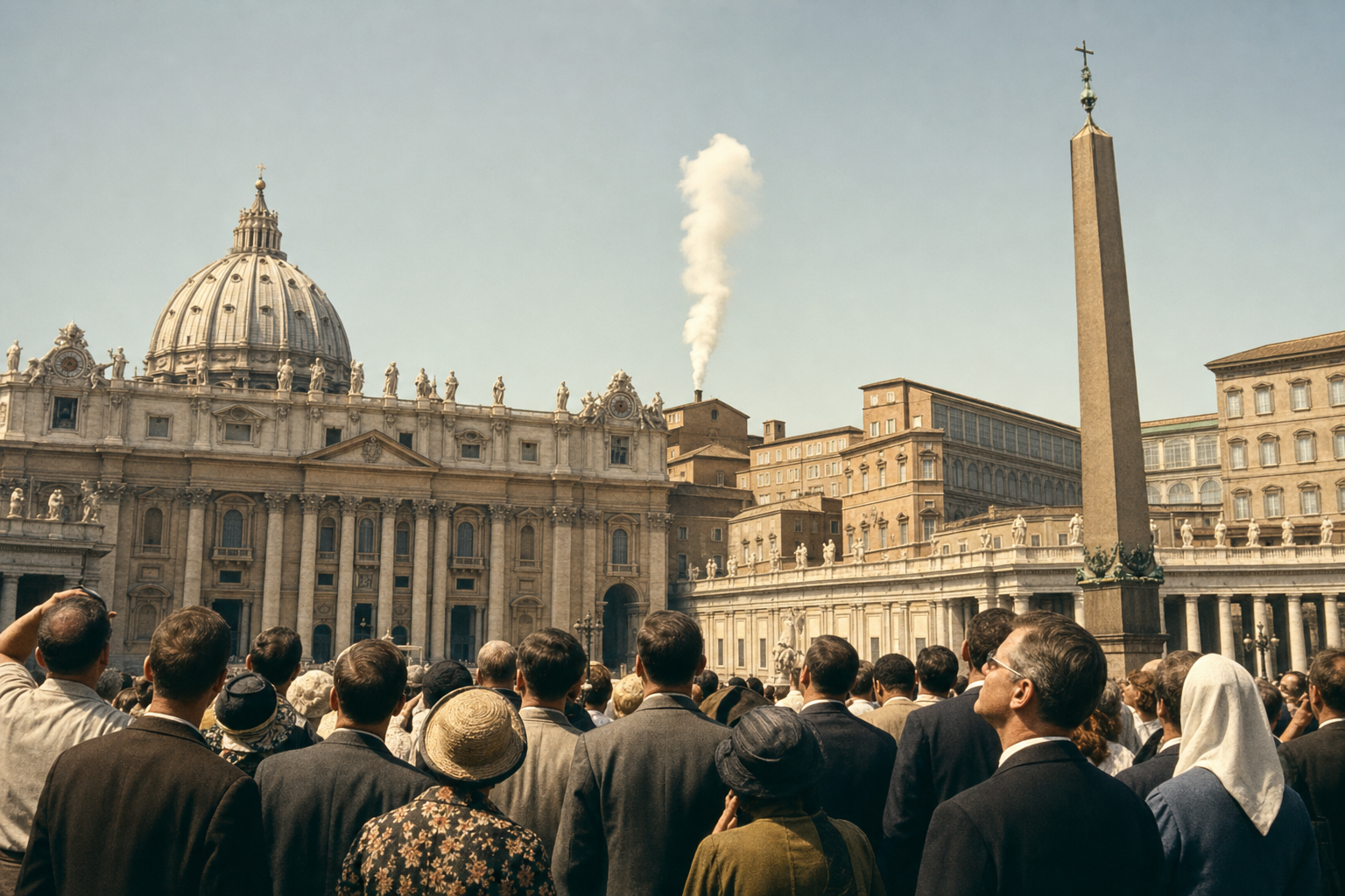 Fumata bianca dal comignolo della Cappella Sistina con fedeli in Piazza San Pietro nel 1963