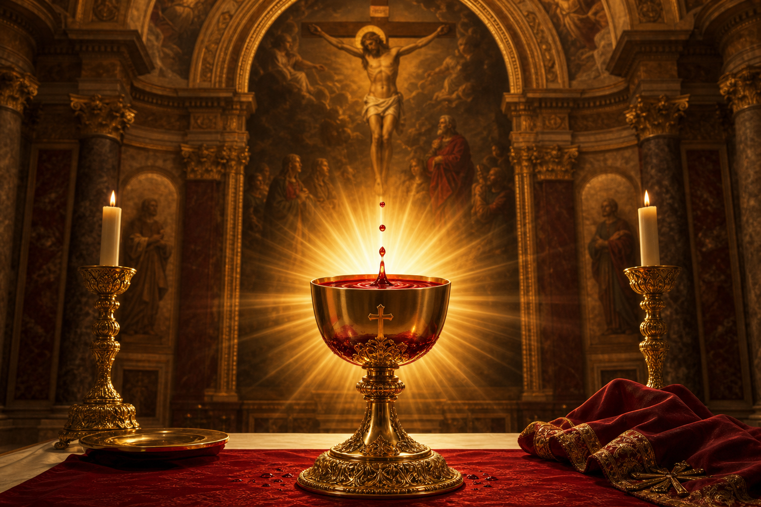 Calice sacro con luce dorata in un ambiente di basilica