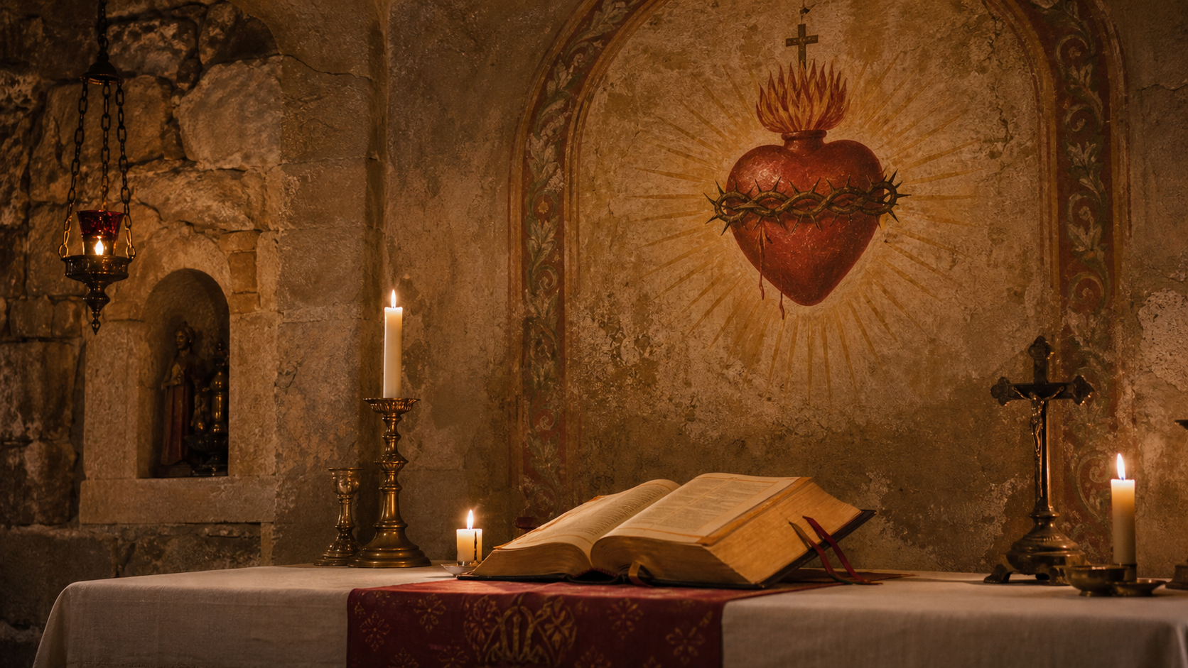 Altare in pietra con immagine del Sacro Cuore, candele e Vangelo aperto