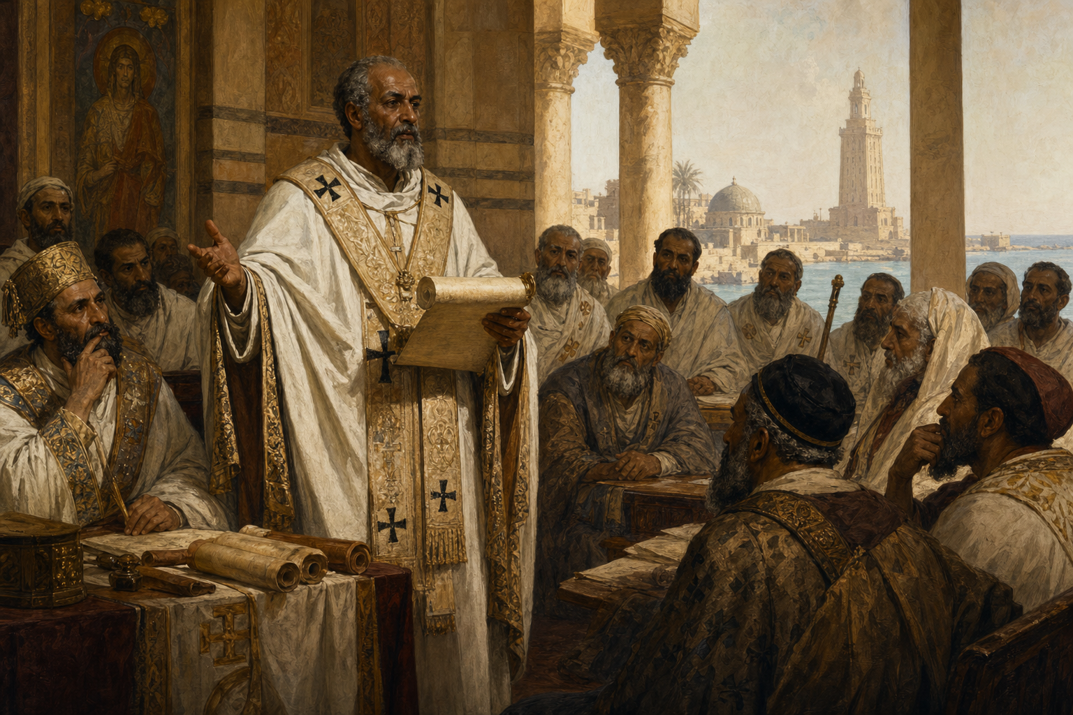 Vescovo egiziano del V secolo con rotoli e abiti episcopali in un ambiente teologico antico